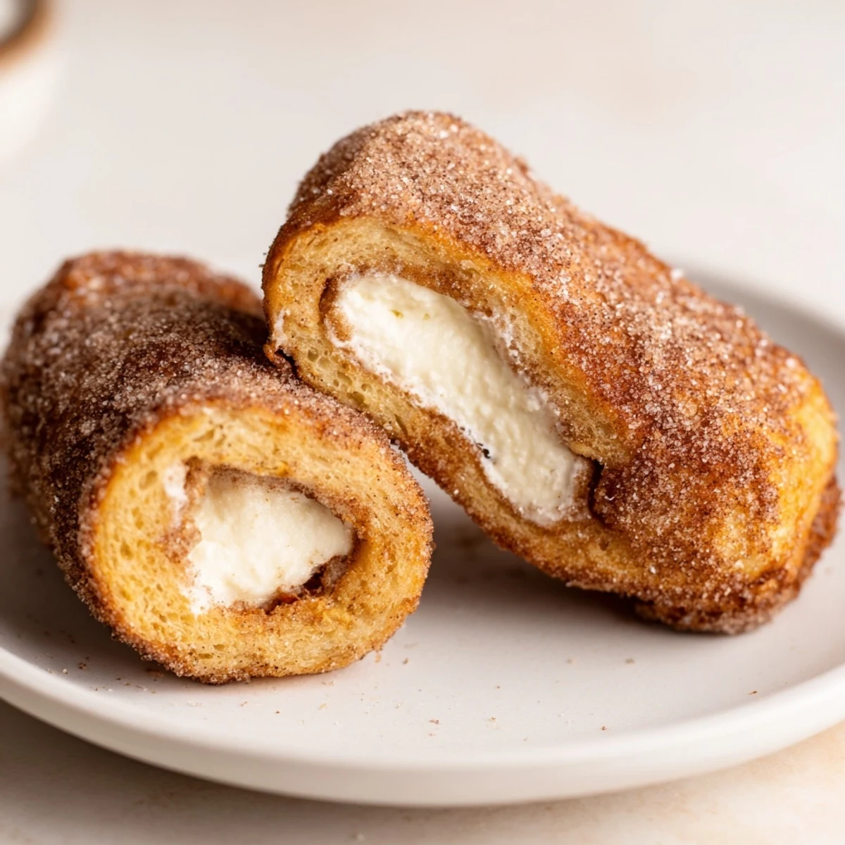 Cinnamon Roll French Toast Roll Ups with cream cheese centers and cinnamon sugar crust