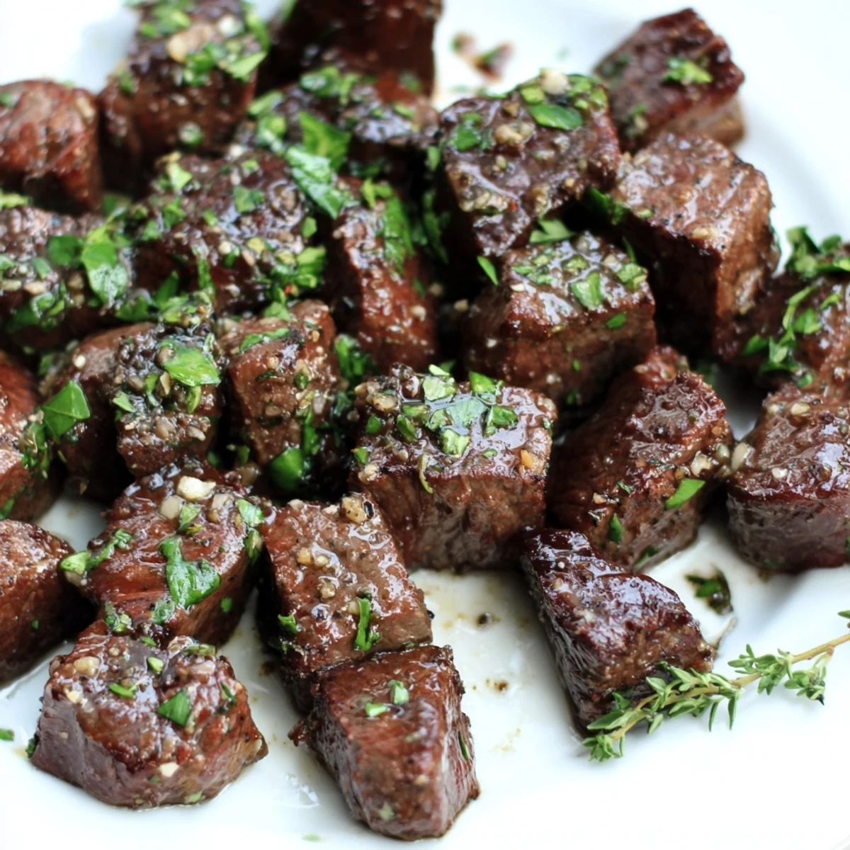 Garlic Butter Steak Bites glistening with melted butter, herbs, and coarse sea salt