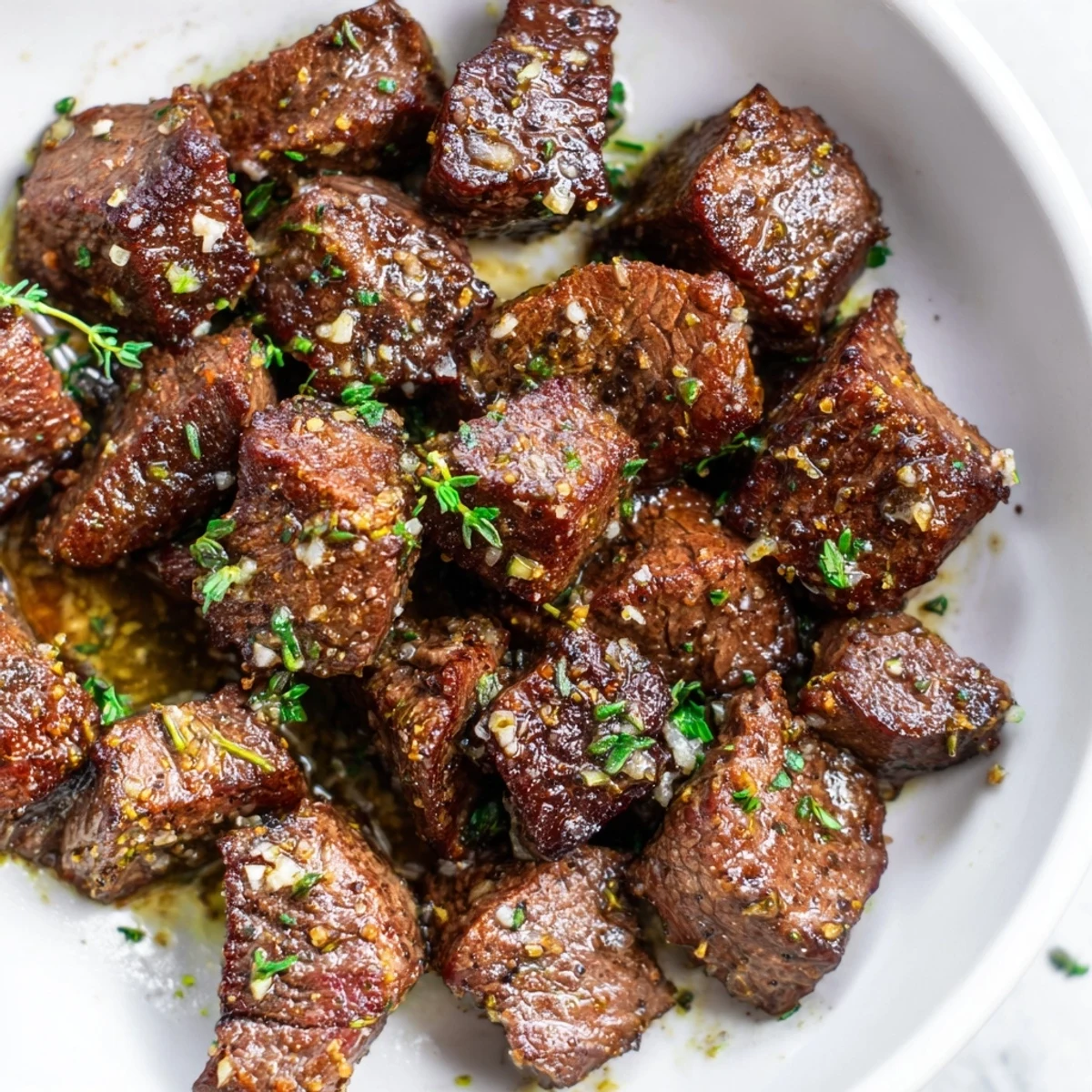 Tender Garlic Butter Steak Bites tossed in buttery sauce, served over mashed potatoes