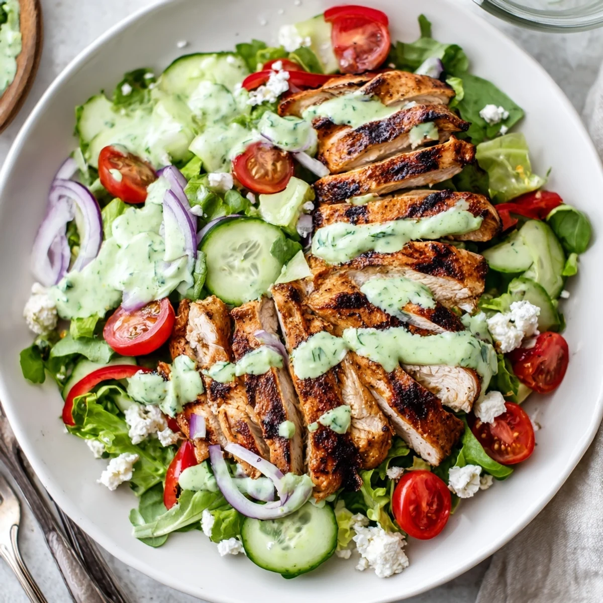 A plate of Grilled Chicken Salad Avocado Herb Dressing Recipe with crunchy vegetables.
