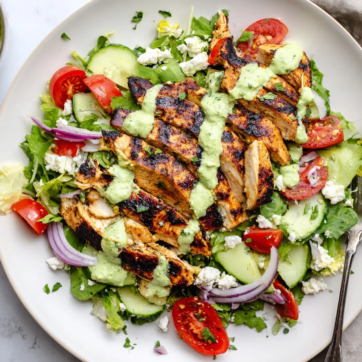Grilled Chicken Salad Avocado Herb Dressing Recipe showing smoky sliced chicken, creamy dressing.