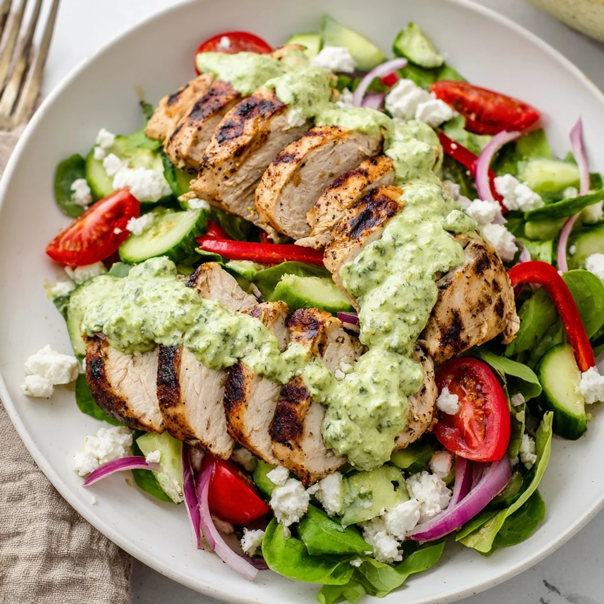 Grilled Chicken Salad Avocado Herb Dressing Recipe drizzled with lime, served for light lunch.