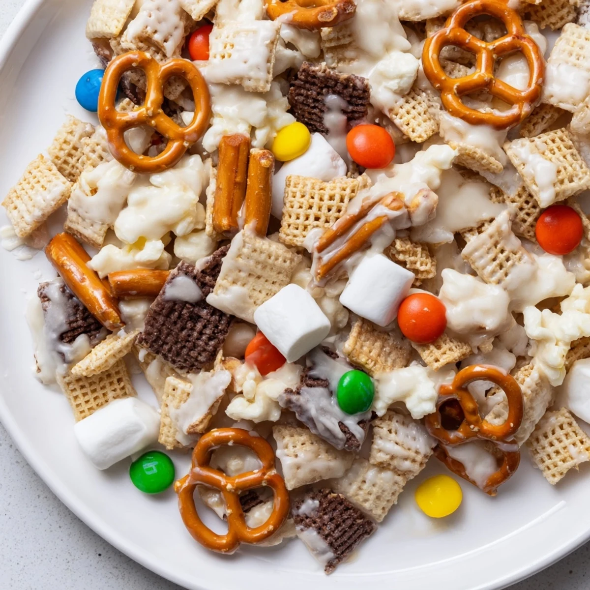 White Trash Snack Mix piled on parchment lined baking sheet with glossy coating