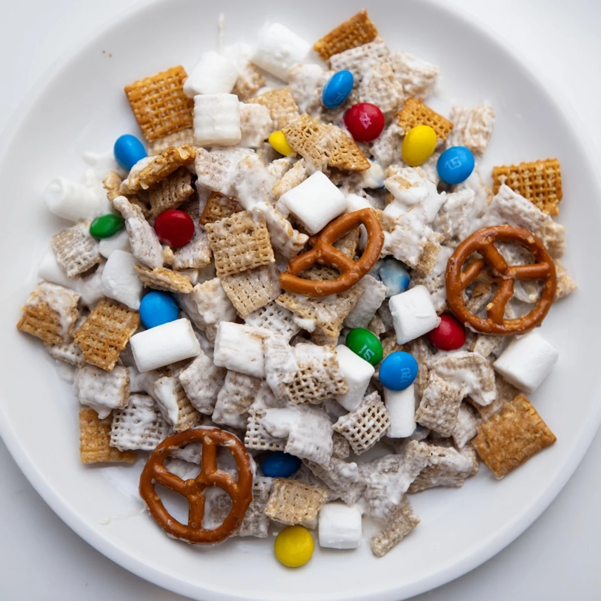 Festive White Trash Snack Mix drizzled with melted white chocolate, ready to share