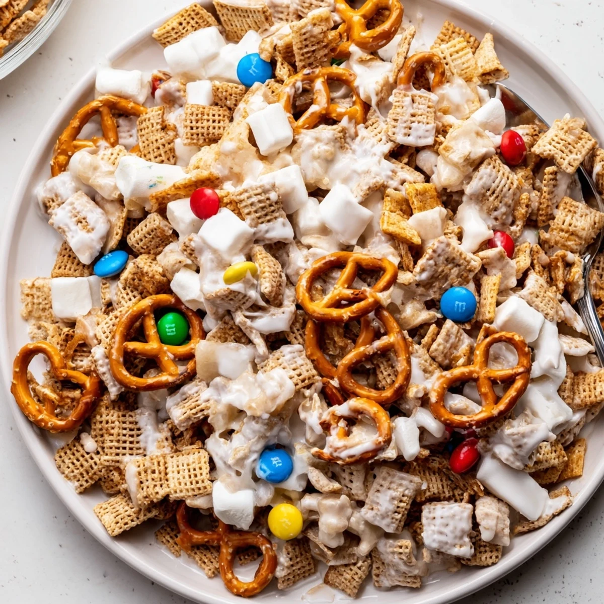 Bowl of White Trash Snack Mix with crunchy pretzels, sweet chocolate candies