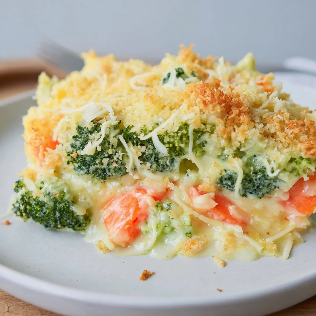 Cheese Bake Broccoli Carrots bubbling with creamy cheddar and golden breadcrumb crust