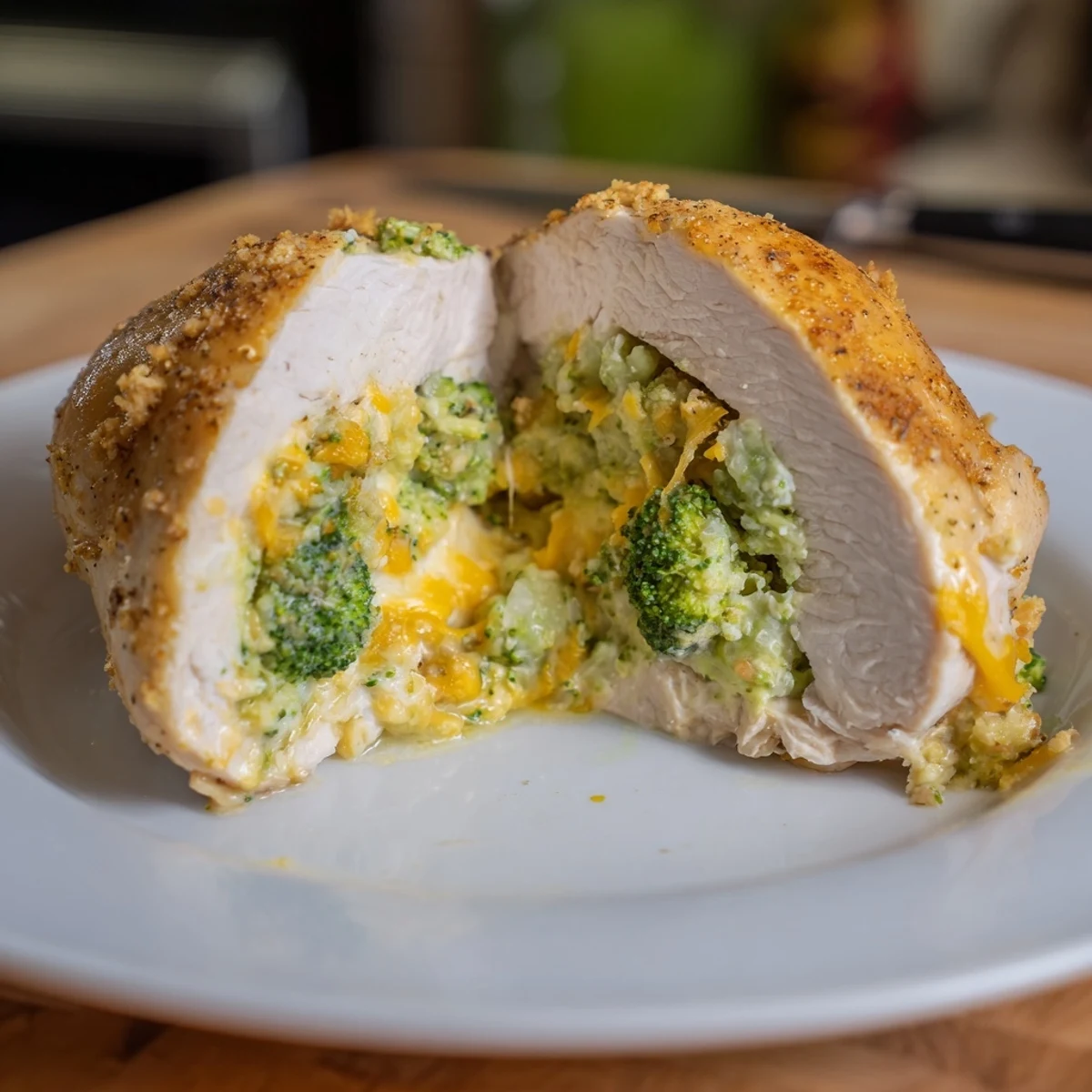 Oven-baked Broccoli Cheese Stuffed Chicken Breast oozing cheddar, resting on parchment