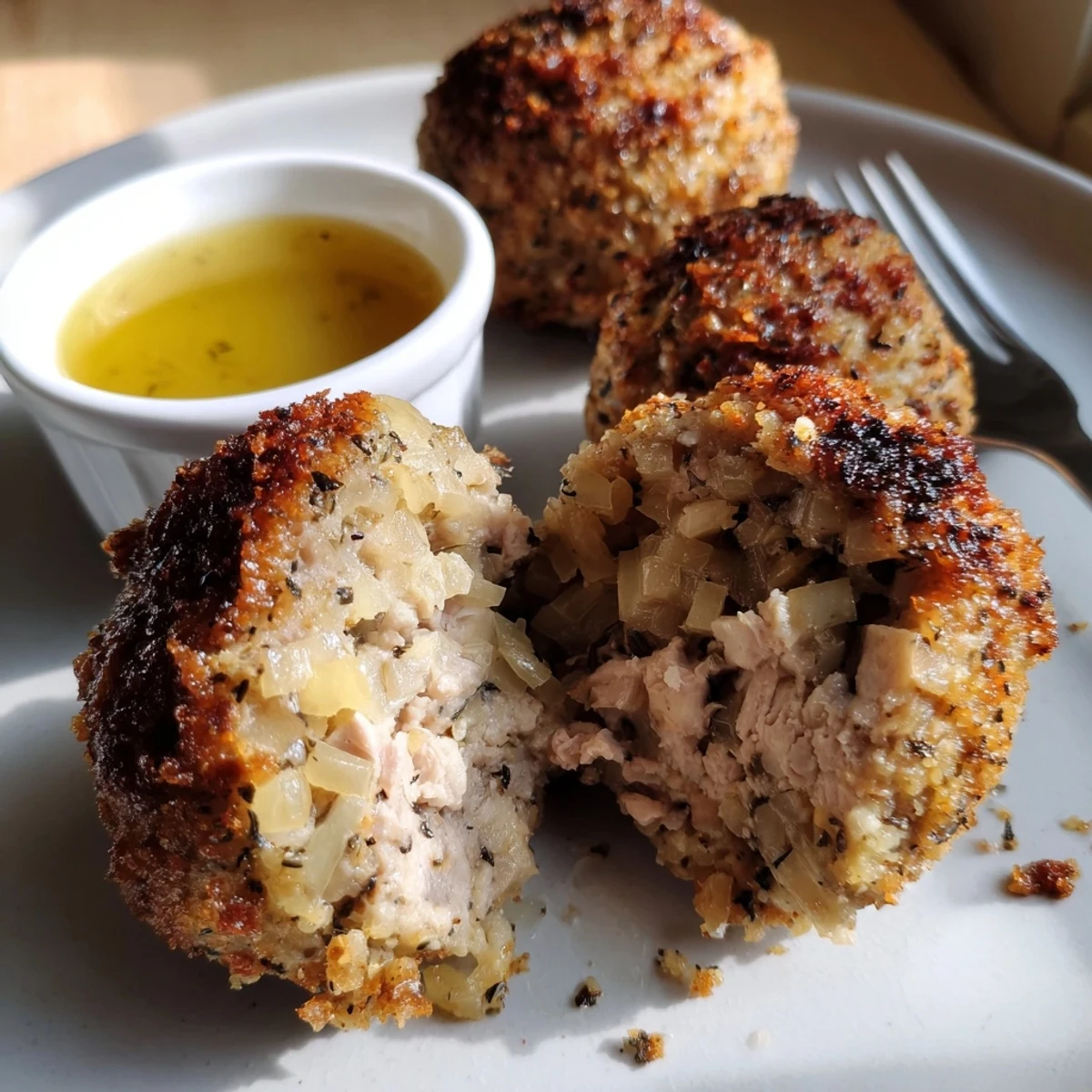 Sage Onion Chicken Balls, golden-browned, aromatic with caramelized onions and herbs