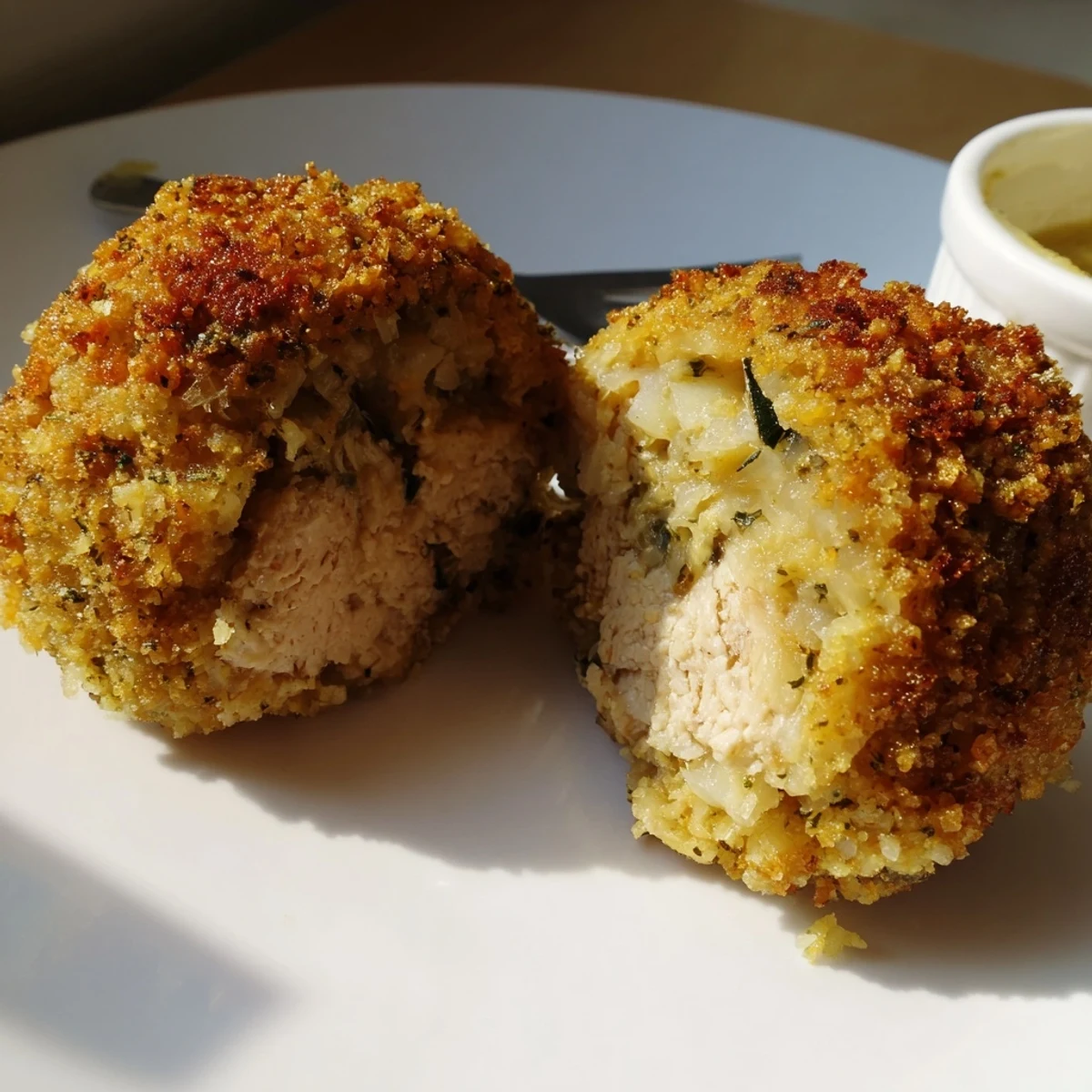 Warm Sage Onion Chicken Balls resting on parchment, ready with honey-mustard