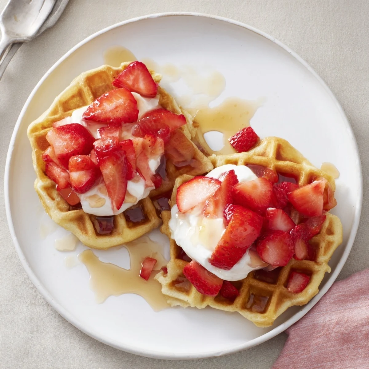 Warm Strawberry Waffles Recipe served with whipped cream and maple syrup drizzle