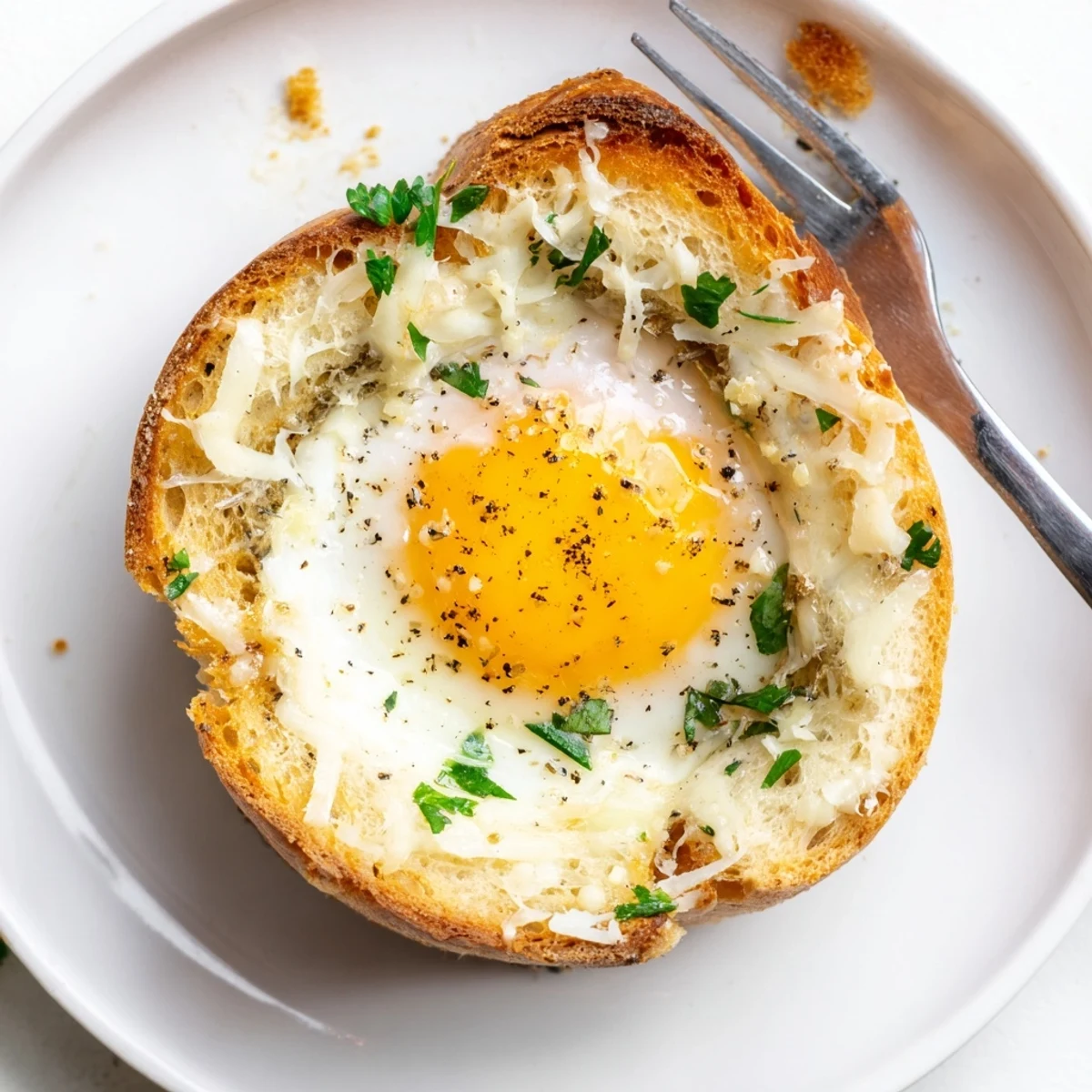 Lazy Garlic Bread Egg Cups with golden edges, melted cheese and parsley.