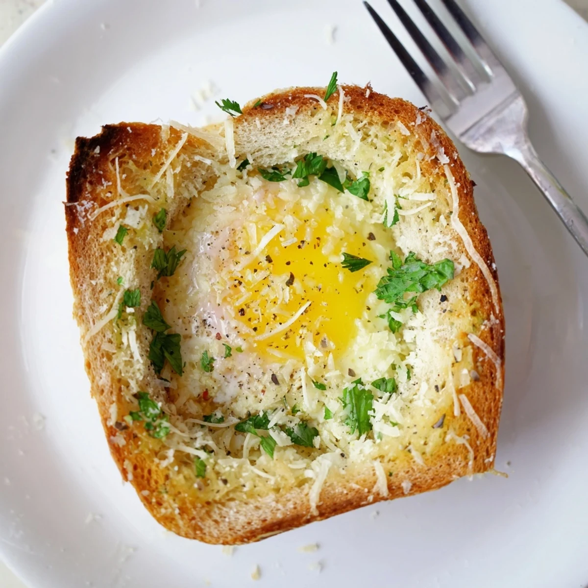 Oven-baked Lazy Garlic Bread Egg Cups, crisped bread edges and soft yolks.