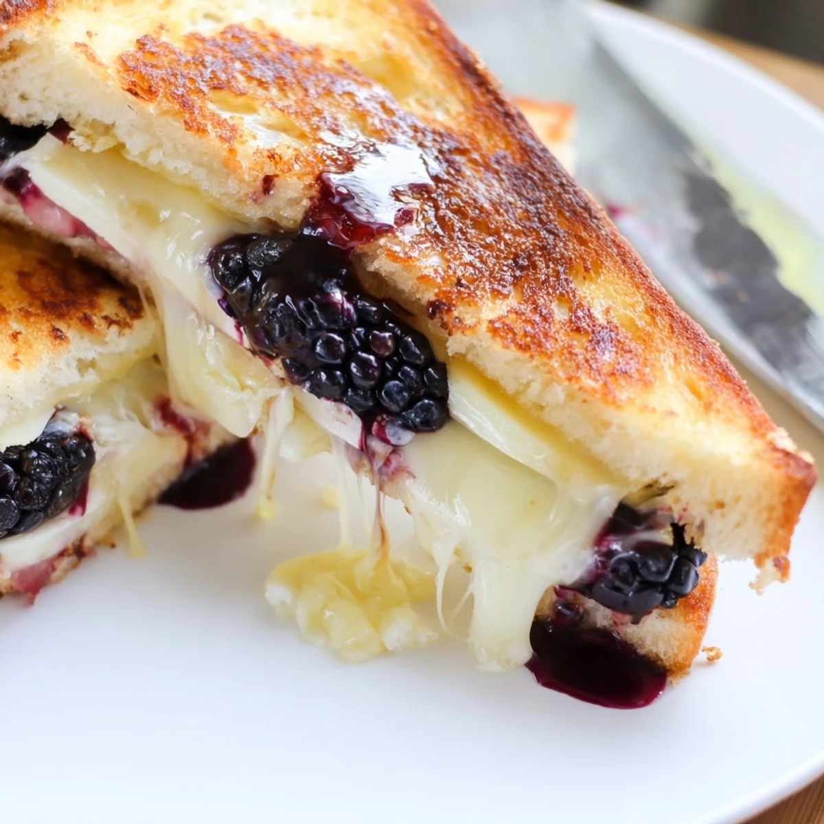 Balsamic Blackberry Bliss Grilled Cheese sliced, golden crust and oozing melted cheese