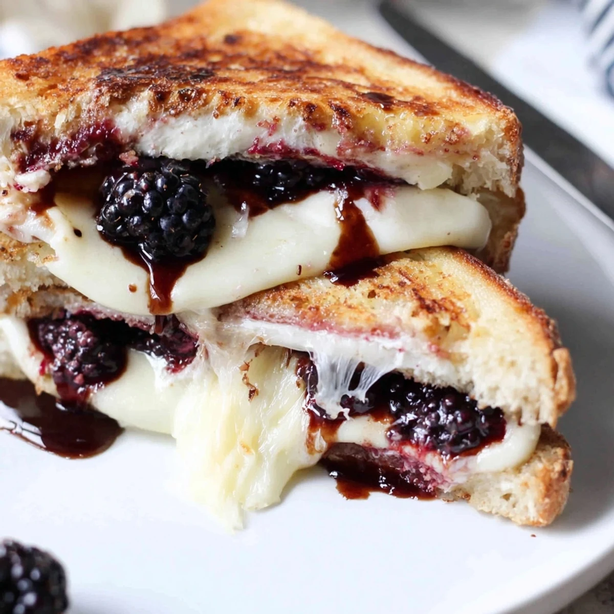Warm Balsamic Blackberry Bliss Grilled Cheese on sourdough, balsamic glaze shimmering