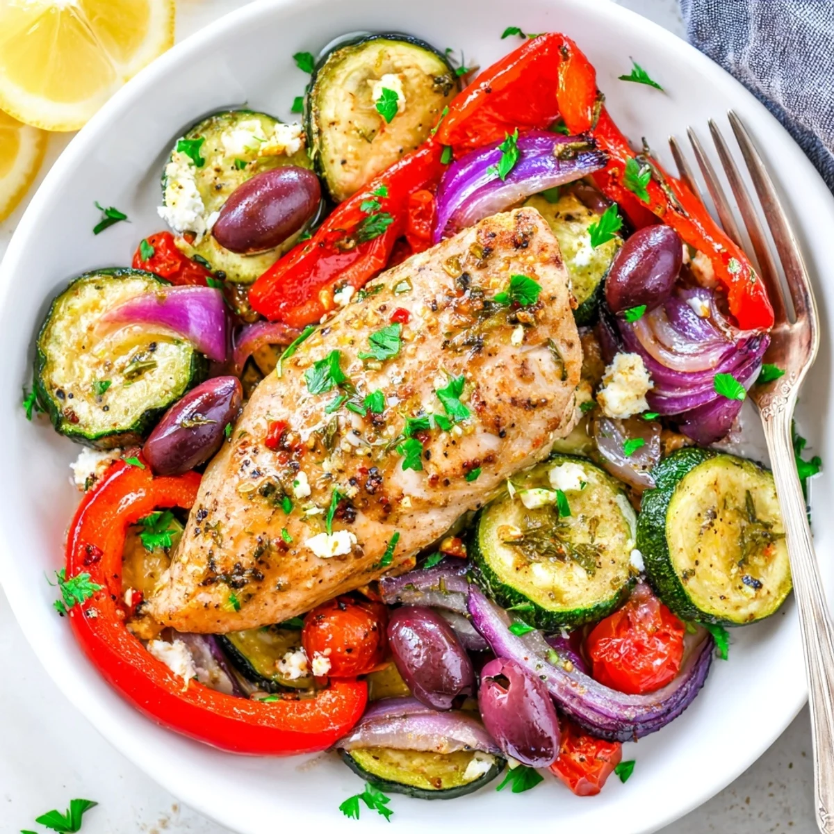 Sheet Pan Mediterranean Chicken Zucchini sizzling on parchment, tender breasts with charred zucchini