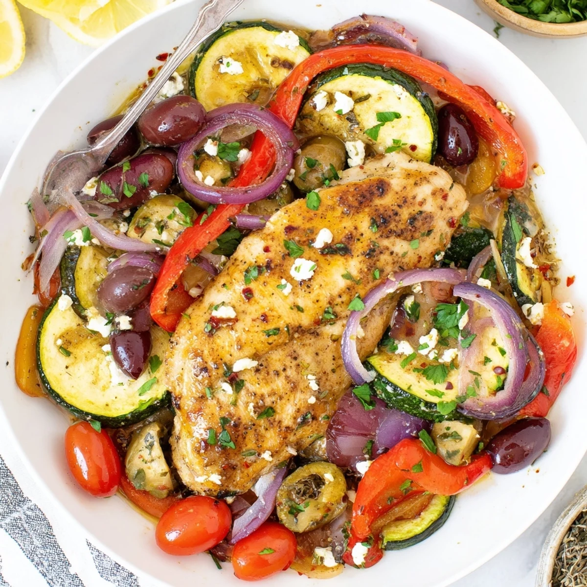 Sheet Pan Mediterranean Chicken Zucchini roasted golden with olives, feta, lemon juices