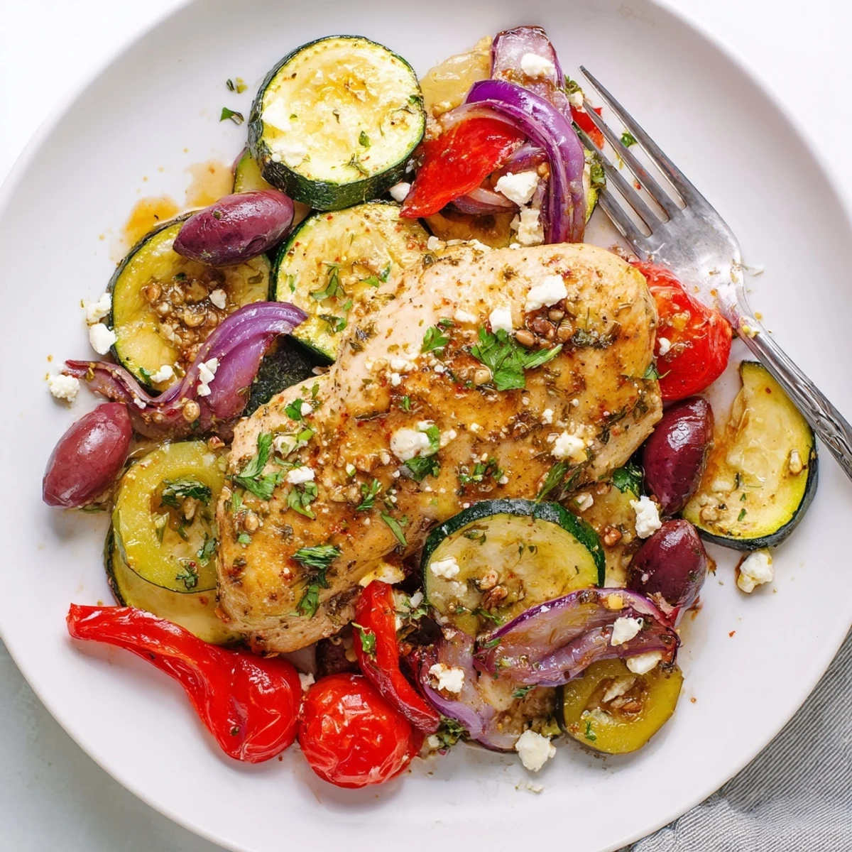 Sheet Pan Mediterranean Chicken Zucchini garnished with parsley and feta, served with warm pita