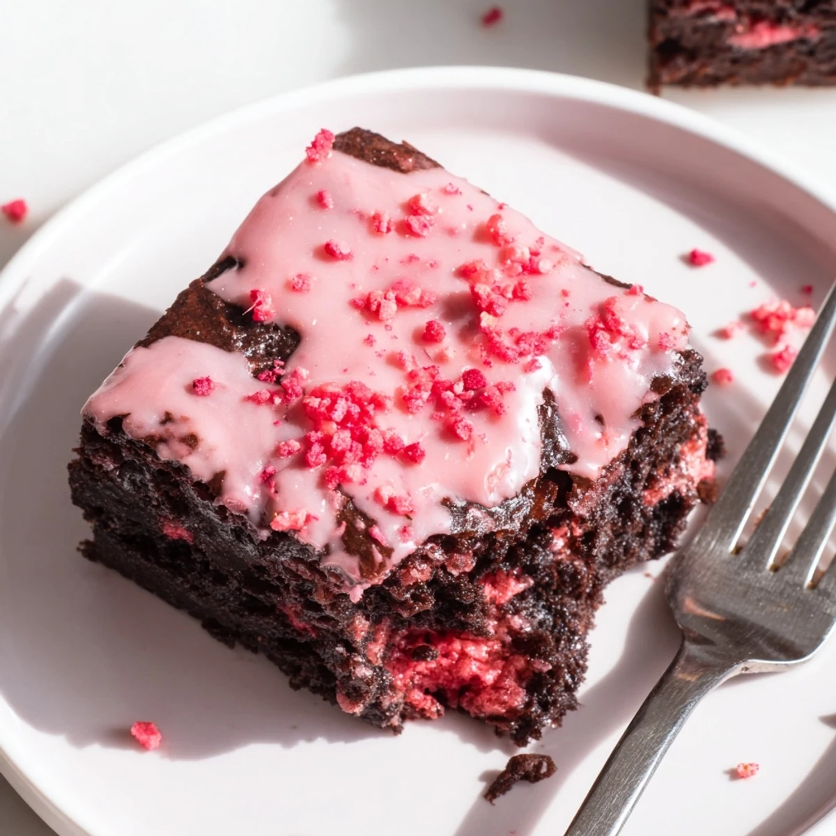 Strawberry Brownies Recipe on parchment, fudgy squares topped with glossy pink glaze.