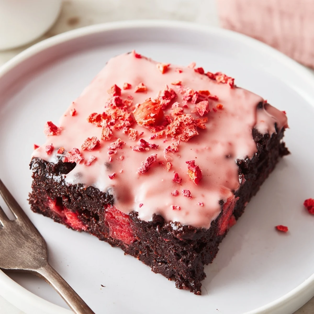 Warm Strawberry Brownies Recipe served with whipped cream and fresh sliced strawberries.