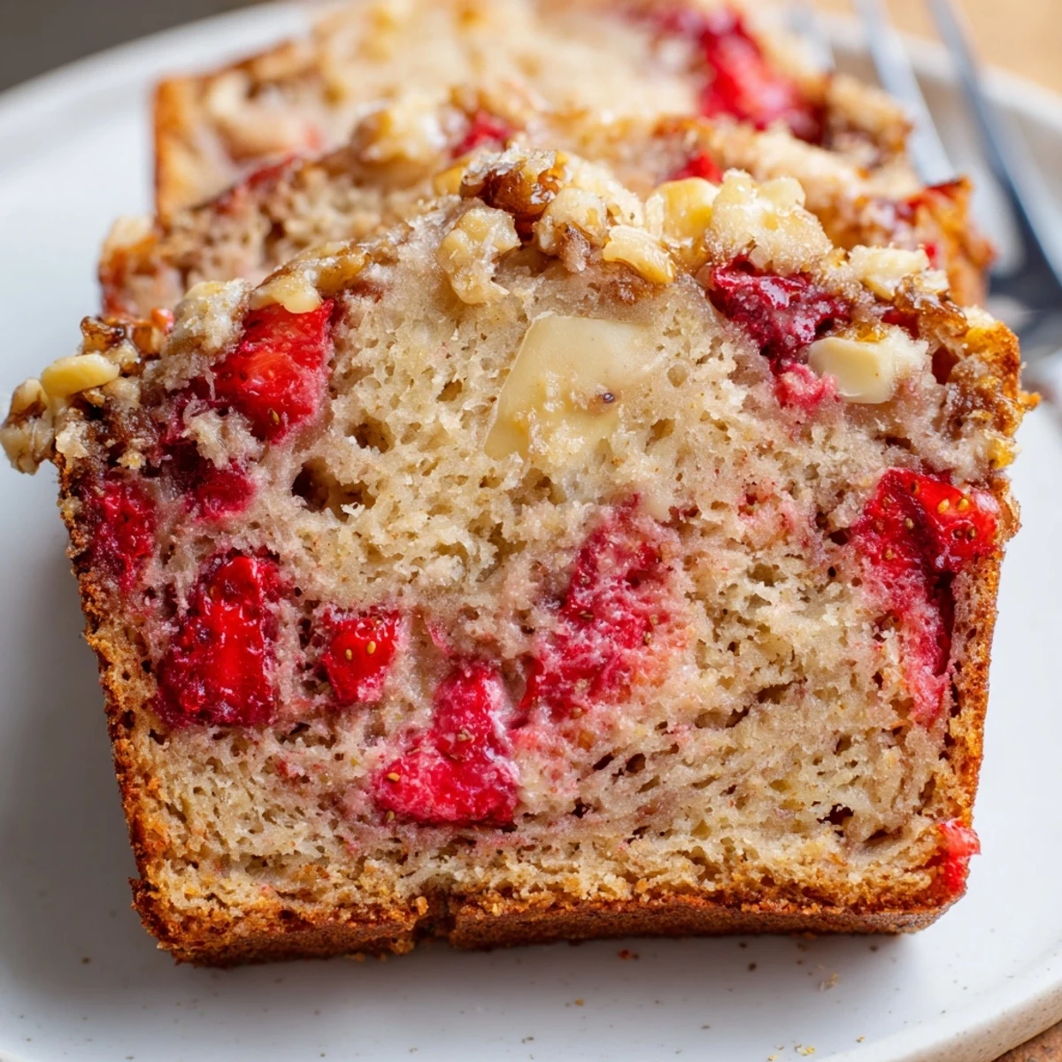 Warm sliced Strawberry Banana Bread Recipe on a wire rack, steam rising.