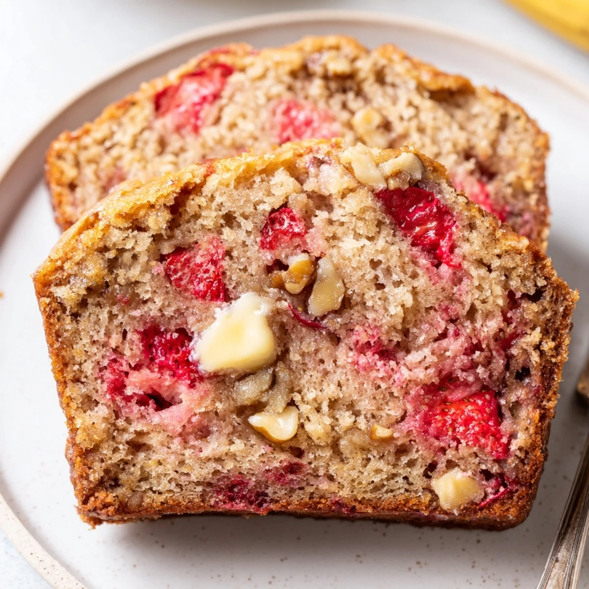 Moist, berry-studded Strawberry Banana Bread Recipe served warm with melting butter.
