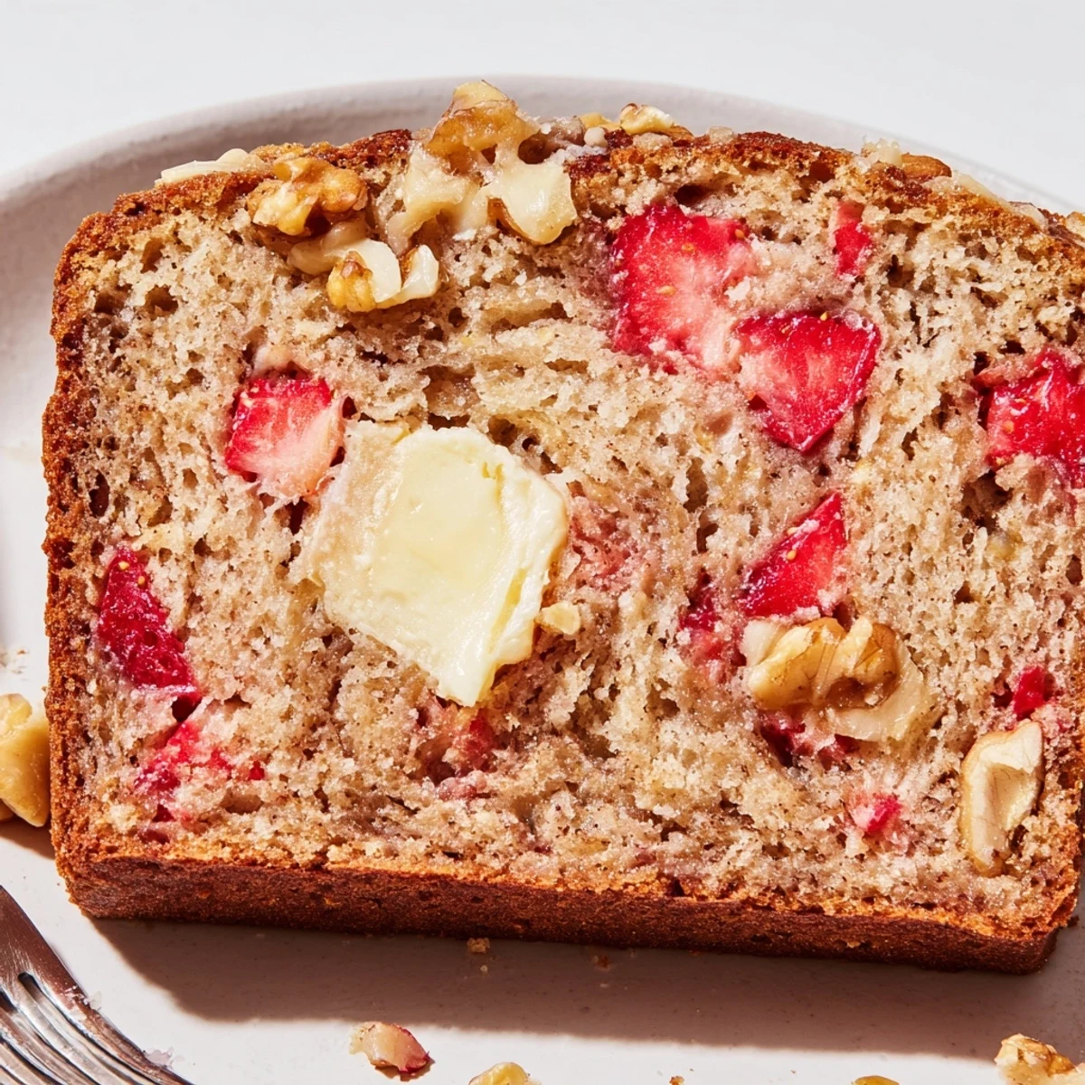 Golden-crusted Strawberry Banana Bread Recipe cooling in pan, sweet strawberry aroma.