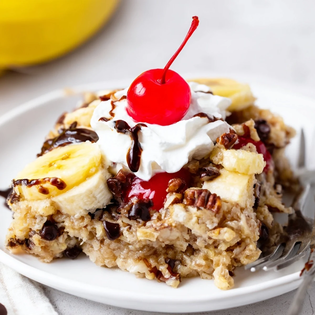 Banana Split Dump Cake bubbling golden with melted butter and cherries