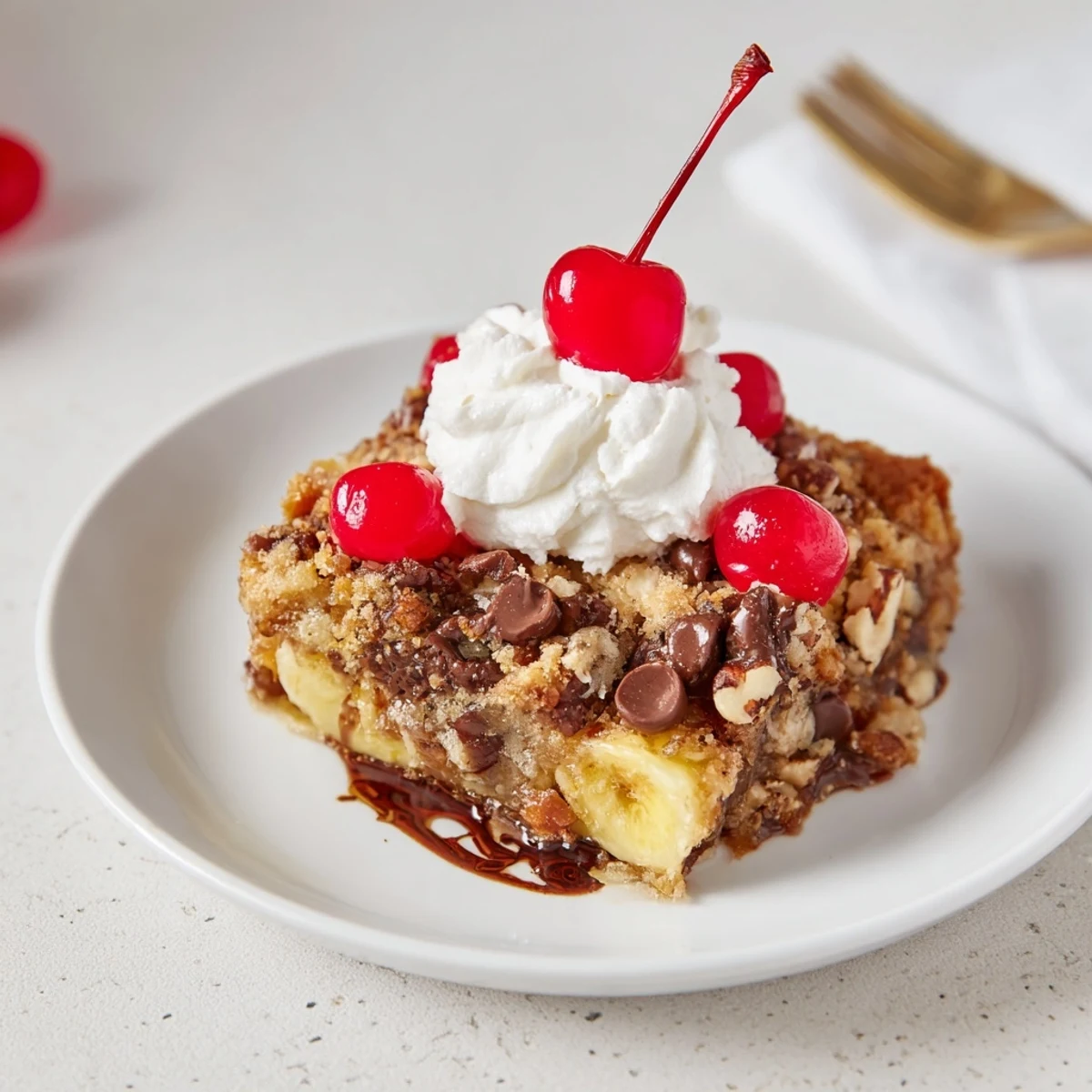 Warm Banana Split Dump Cake topped with whipped cream and extra cherries
