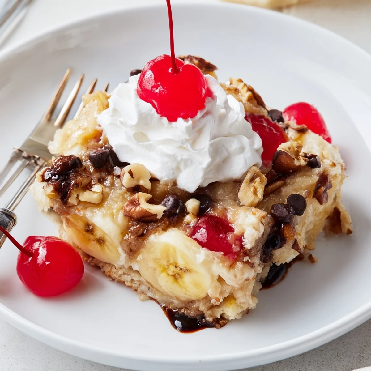 Gooey Banana Split Dump Cake showing sliced bananas, pineapple, chocolate chips