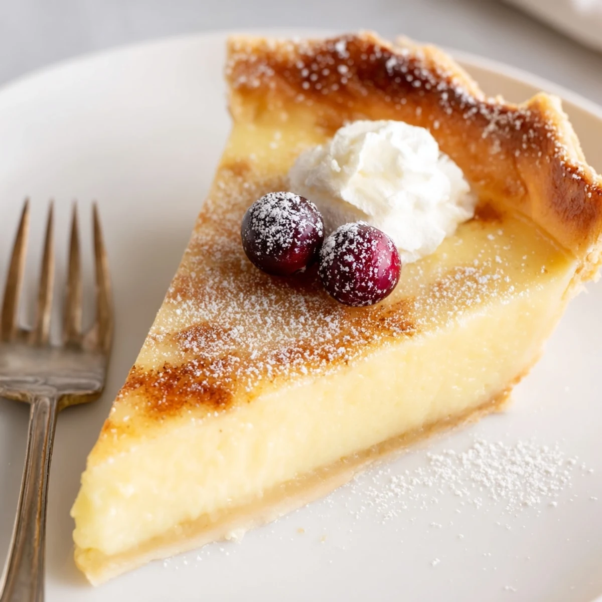 Close up slice of Christmas Eve Custard Pie With Cinnamon Vanilla, velvety wobbly center  