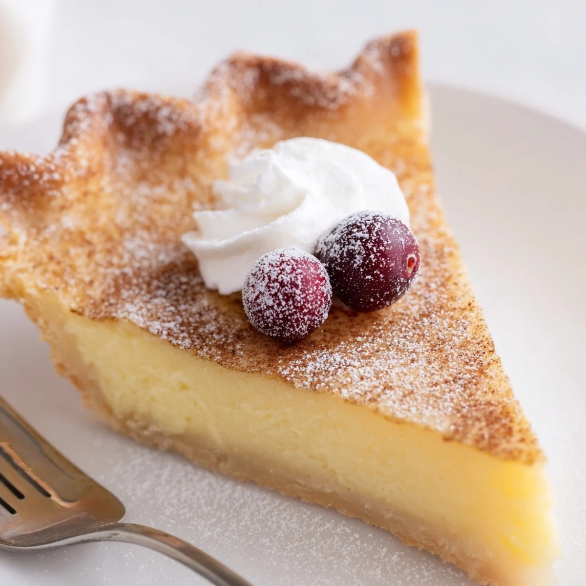 Christmas Eve Custard Pie With Cinnamon Vanilla served with whipped cream and cranberries
