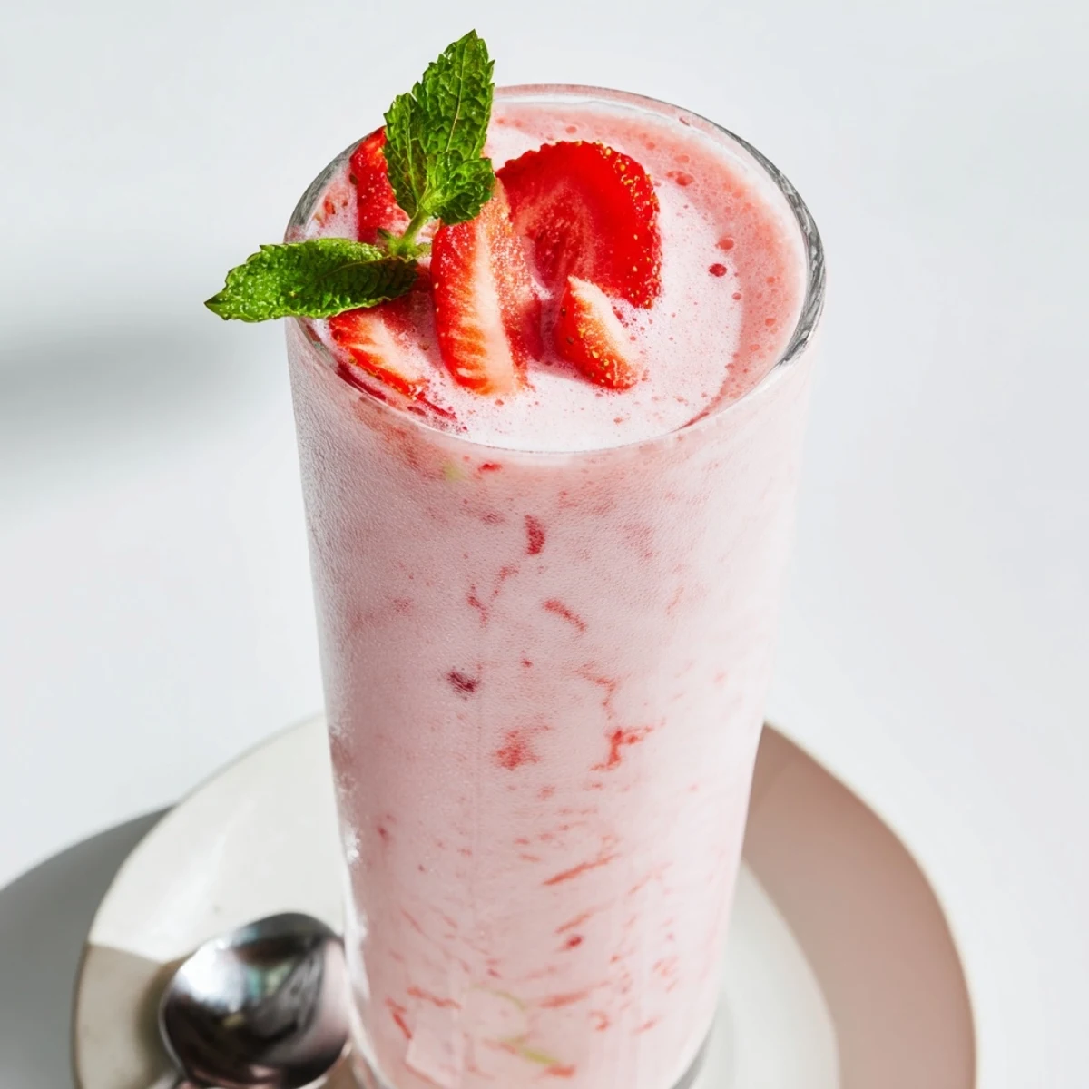 Strawberry Coconut Cooler Recipe: frothy pink drink garnished with mint and strawberry  