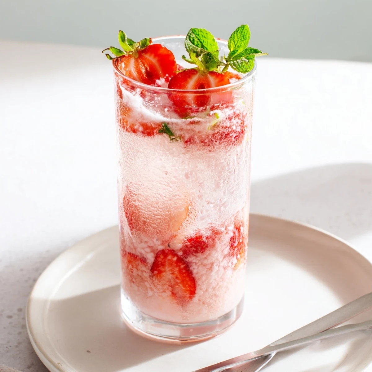 Chilled Strawberry Coconut Cooler Recipe poured into glasses with crushed ice  
