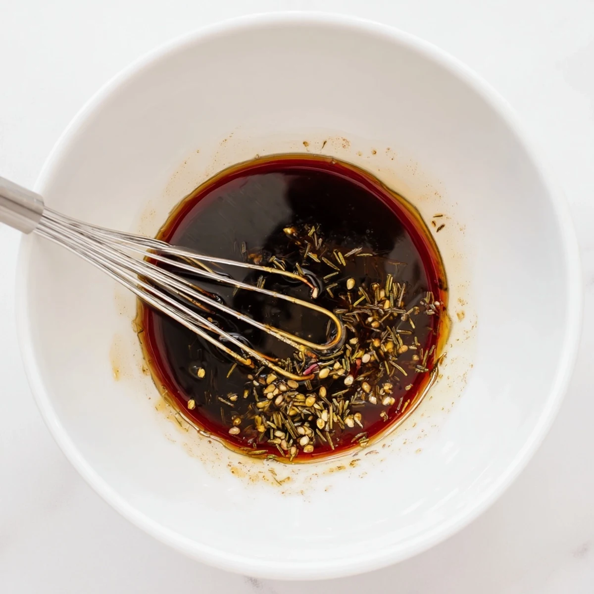 Steak Marinade glistening over raw ribeyes, garlic aroma and lemon zest.