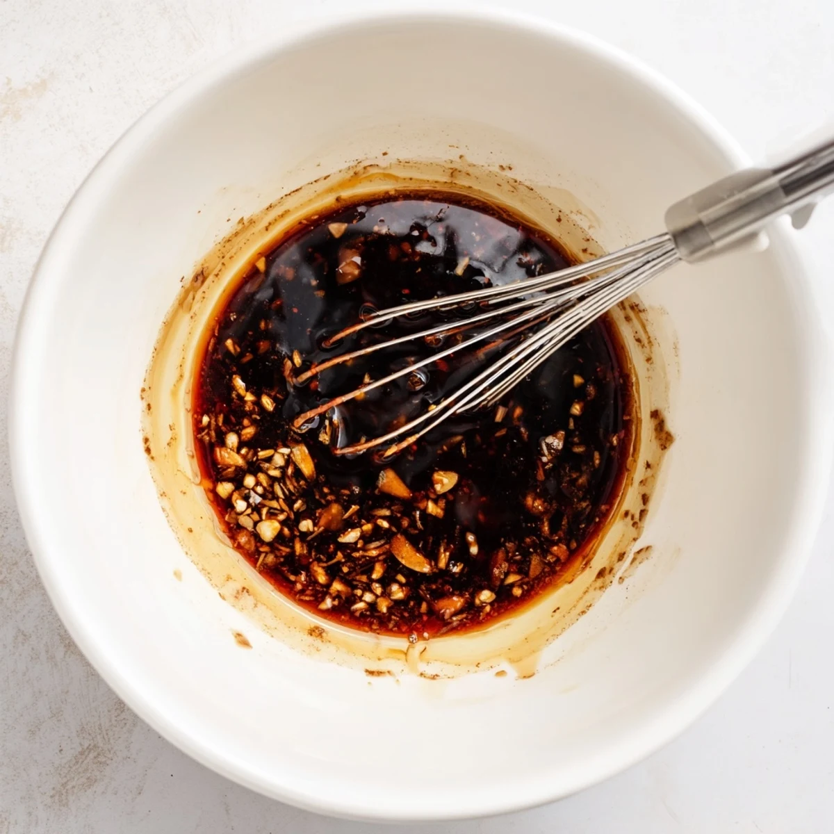 Chilled Steak Marinade in a bowl, soy and balsamic sheen, rosemary flecks.