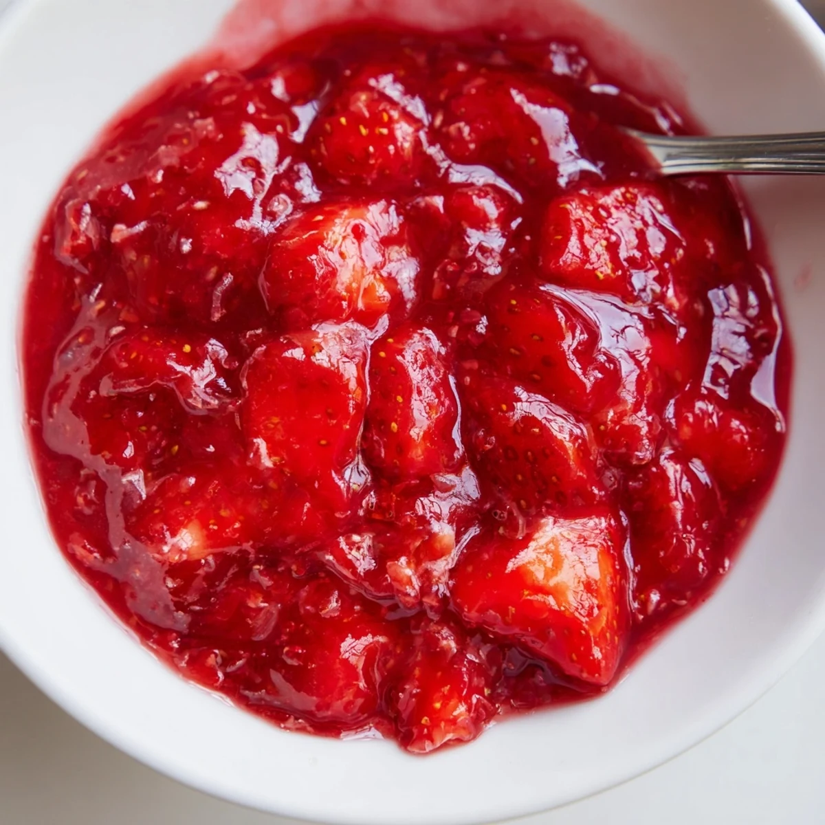 Glossy Strawberry Cake Filling Recipe spooned between moist cake layers, bright strawberry aroma