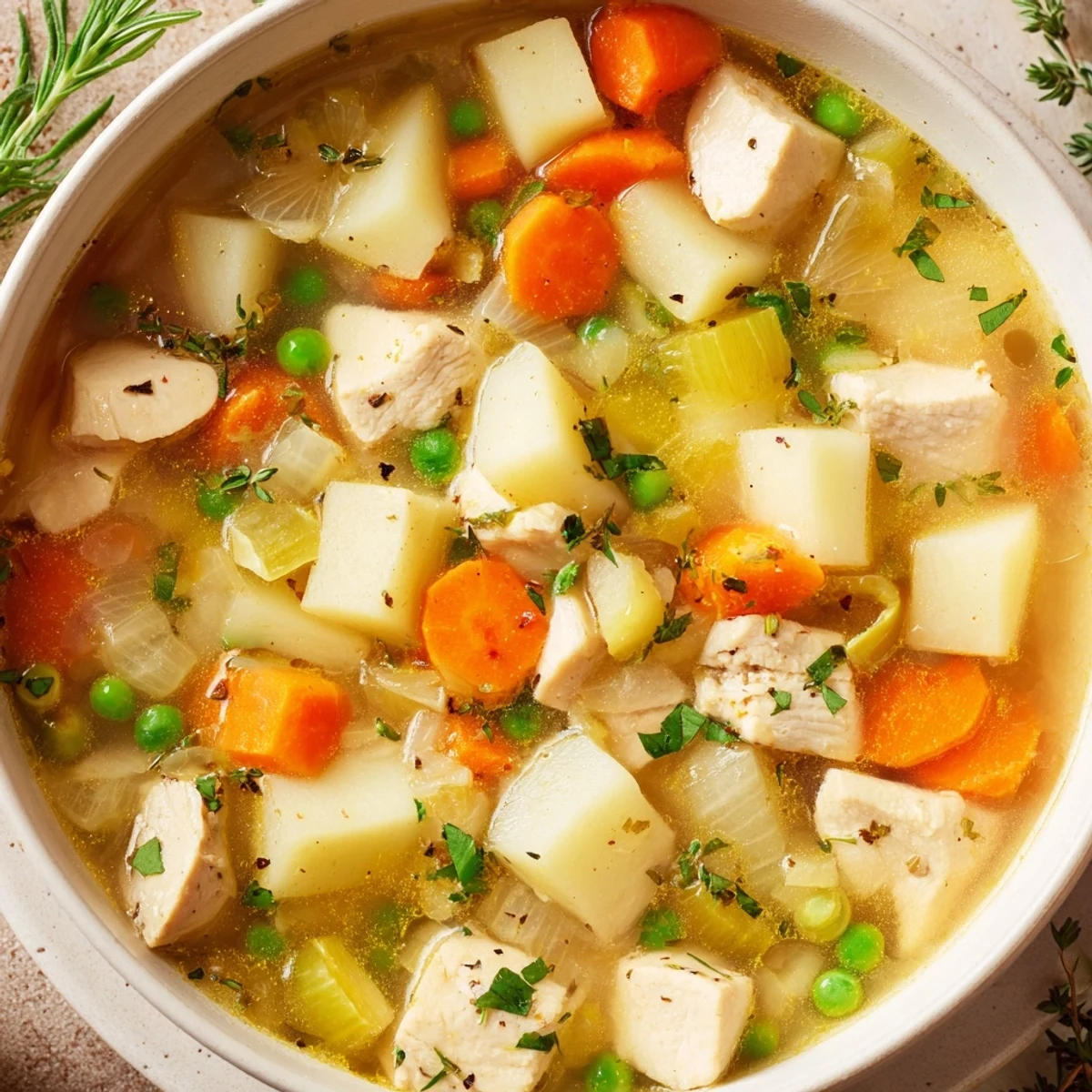 Comforting chicken soup with potatoes in a white bowl featuring tender chunks, carrots, celery, and fresh parsley garnish.