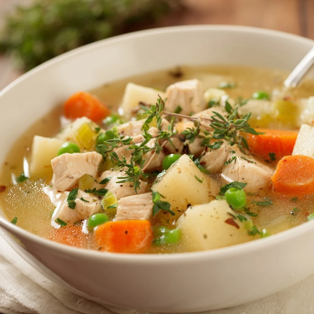 Hearty comforting chicken soup with potatoes simmering in a pot, filled with chunky vegetables and savory broth.