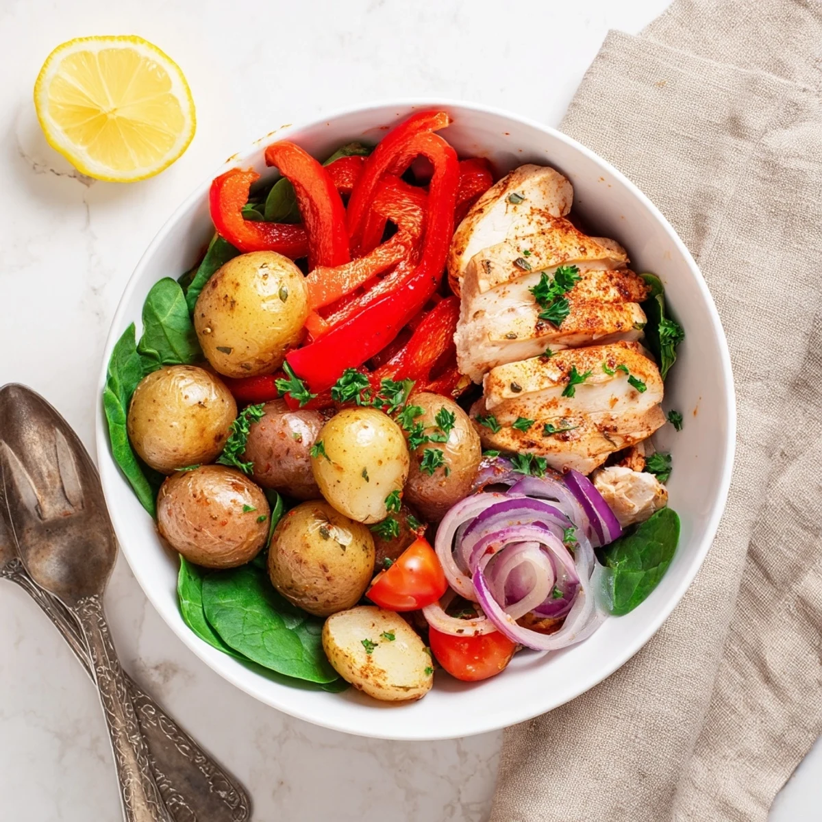 Golden skinny chicken and roasted potato bowl with crisp vegetables arranged in a shallow serving dish