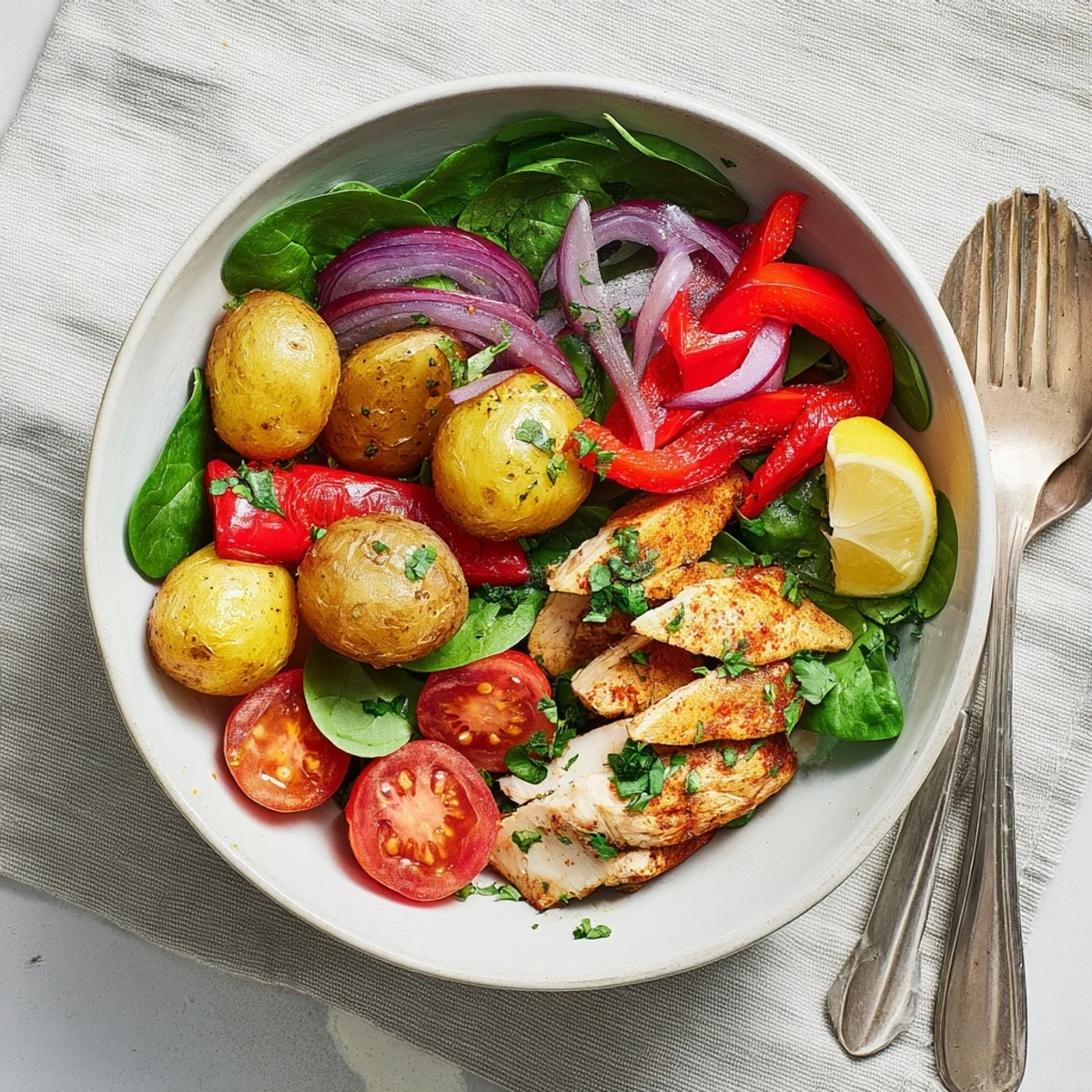 Lean grilled chicken slices atop roasted baby potatoes and colorful peppers in a healthy bowl meal