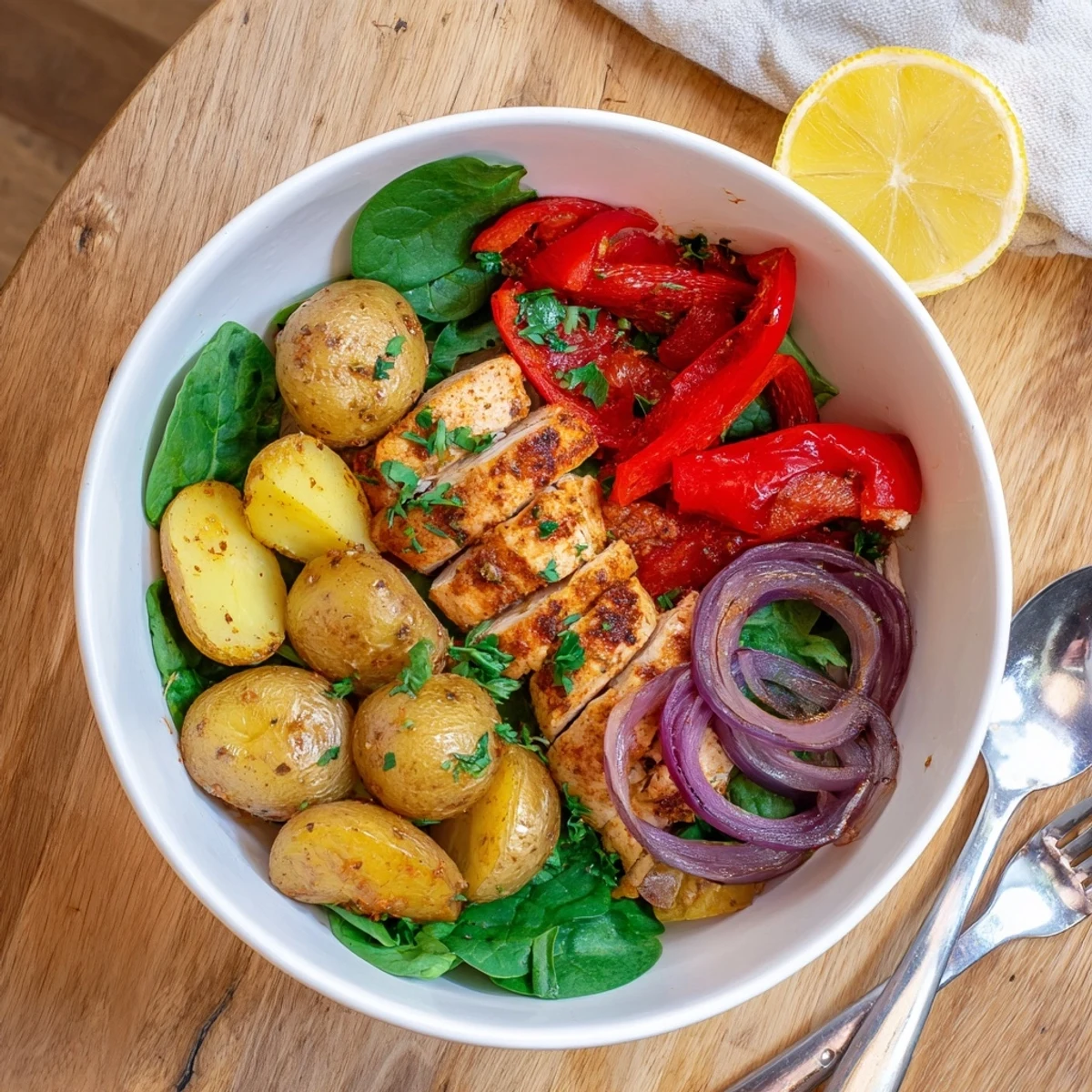 Complete skinny chicken and roasted potato bowl featuring fresh spinach and juicy cherry tomatoes