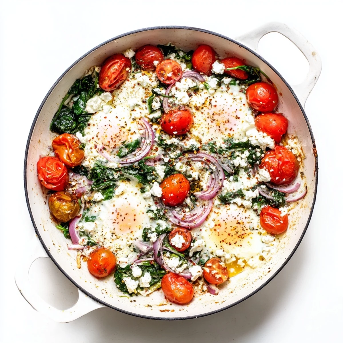 Golden baked feta eggs with juicy tomatoes and tender spinach in a rustic skillet