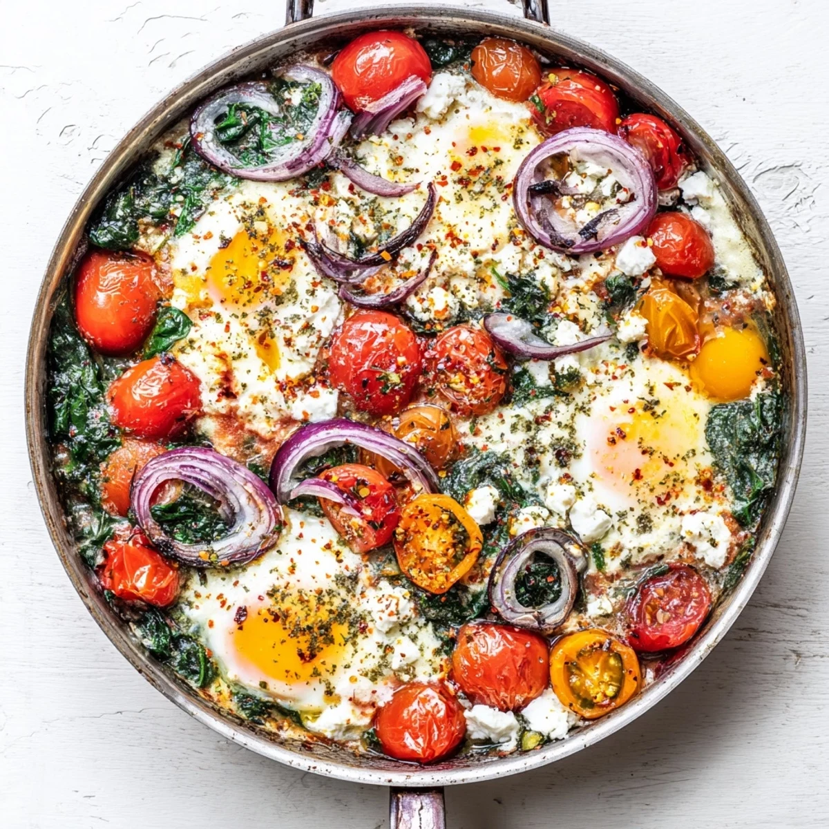 Mediterranean-style baked feta eggs featuring runny yolks nestled among cherry tomatoes and fresh greens