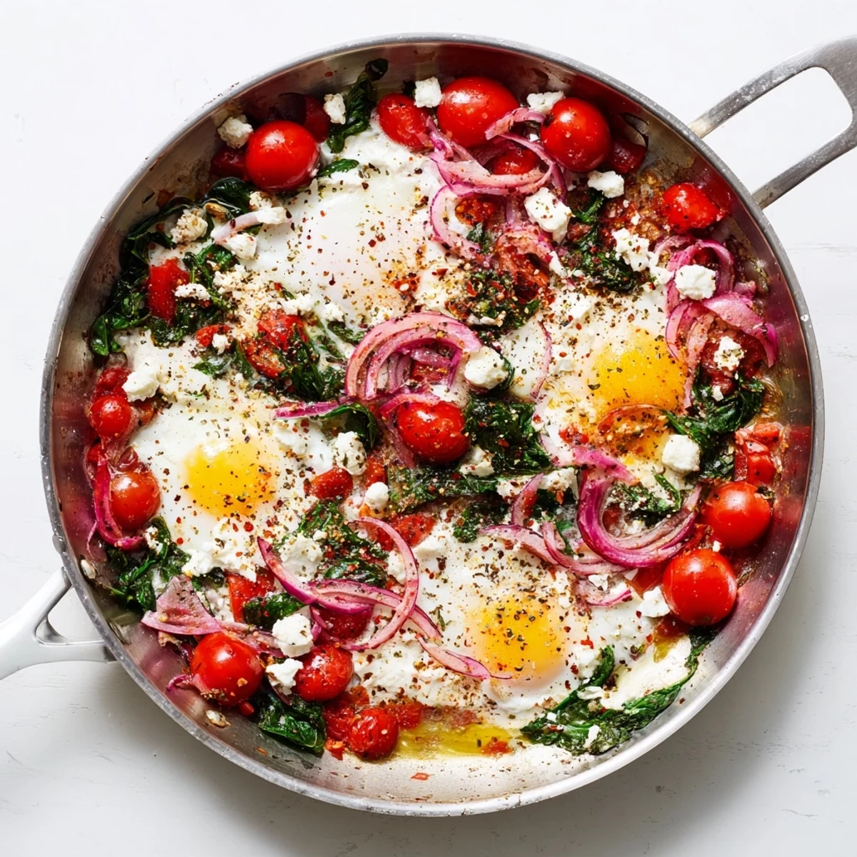 Creamy feta and baked eggs dish with wilted spinach and roasted tomatoes ready for dipping