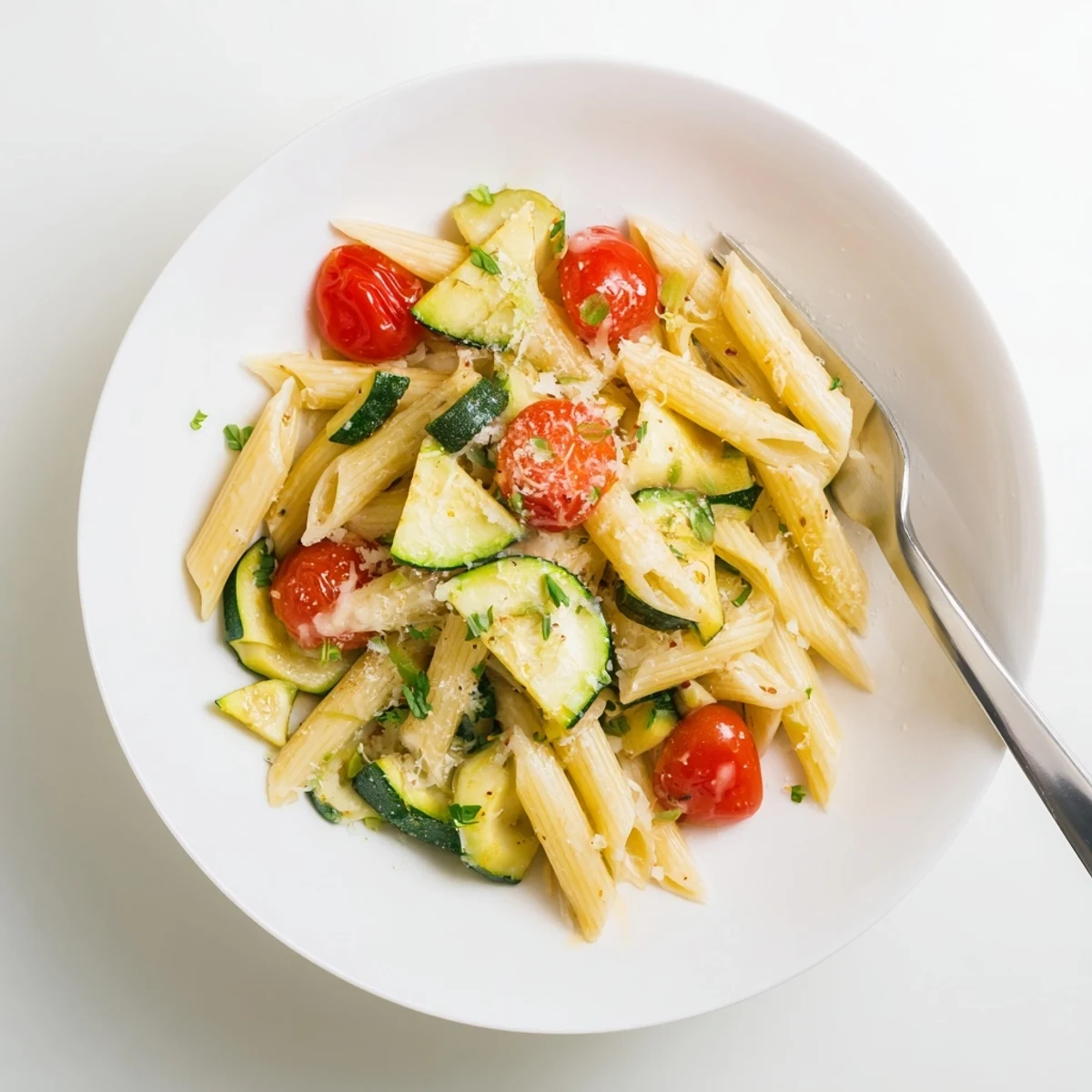 Close-up of al dente tomato zucchini pasta with grated Parmesan and green herb garnish
