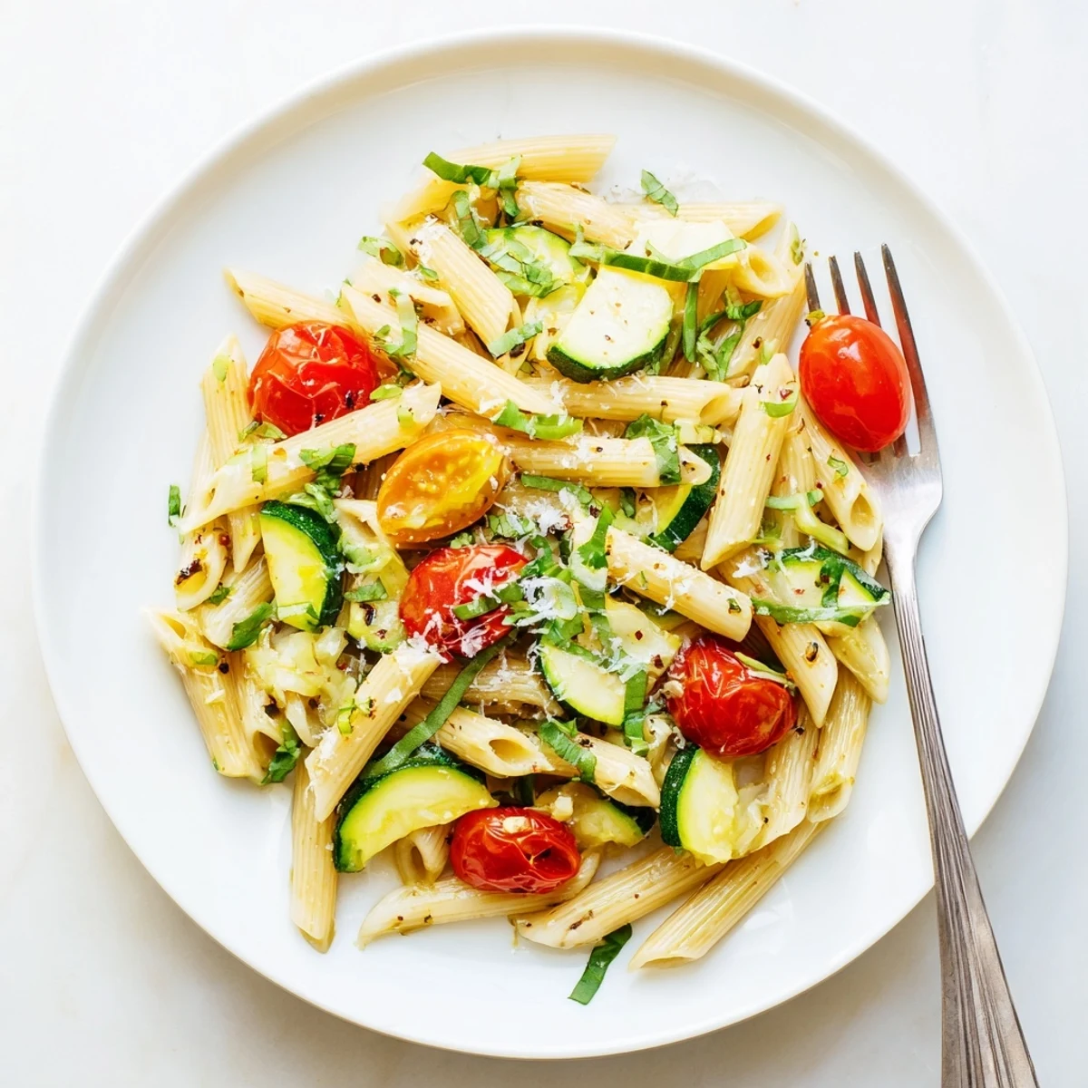 Glossy tomato zucchini pasta tossed with fresh basil in a white ceramic bowl