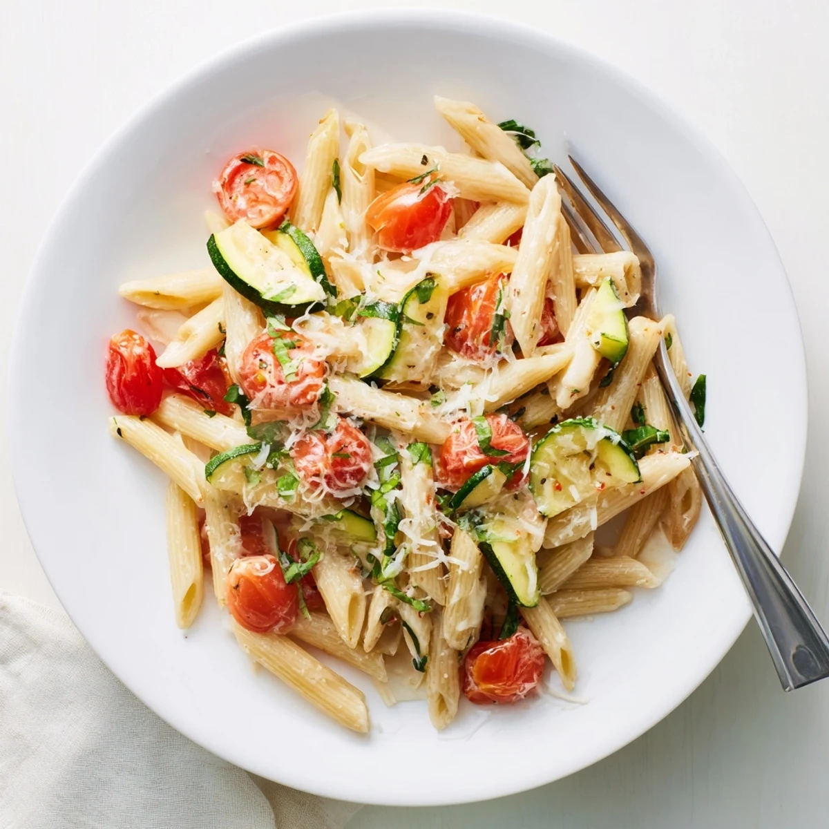 Golden tomato zucchini pasta dish featuring tender zucchini slices and cherry tomato halves