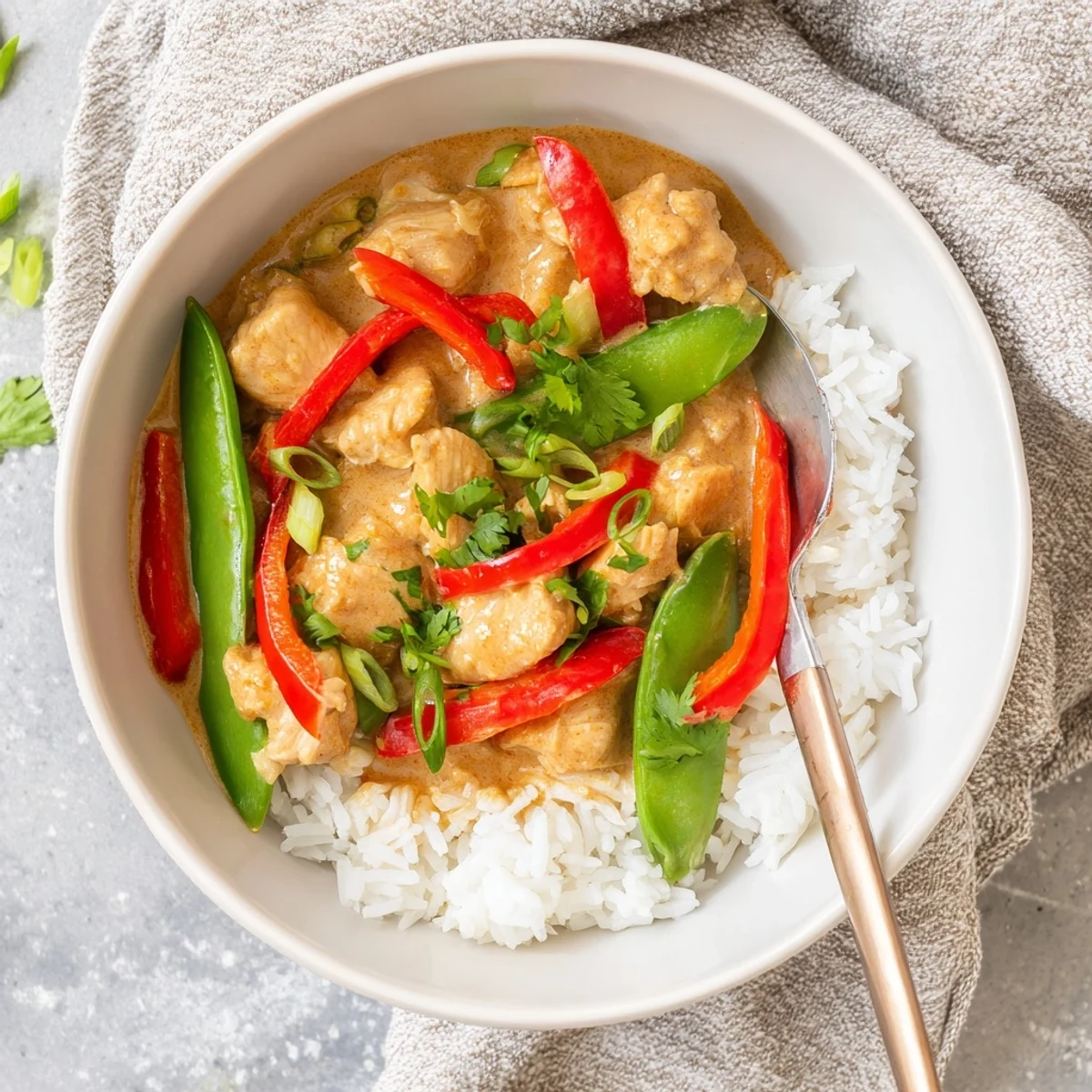 Creamy coconut chicken rice bowl topped with tender chicken pieces, colorful vegetables, and fresh cilantro garnish