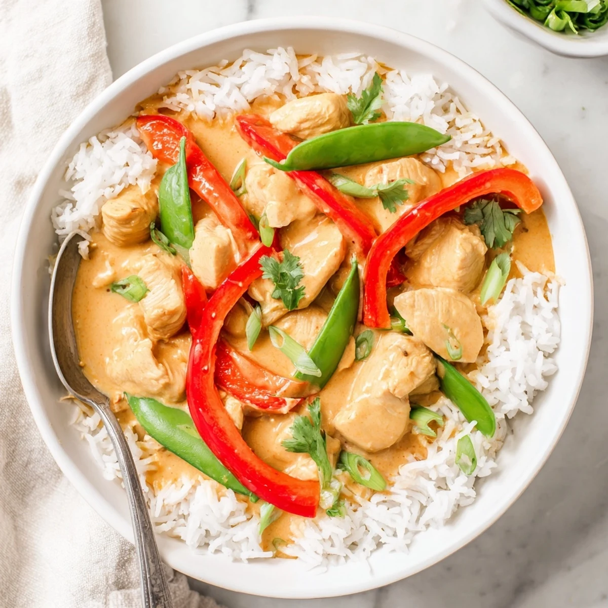 Golden chicken simmered in fragrant coconut milk served over fluffy white rice with vibrant vegetable toppings