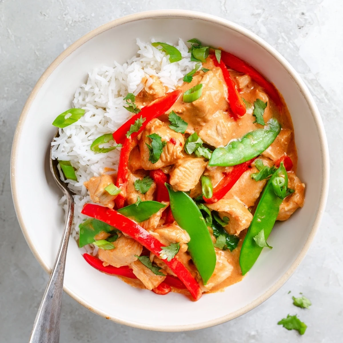 Close-up of steaming coconut chicken rice bowl with bell peppers and snap peas in rich coconut curry sauce